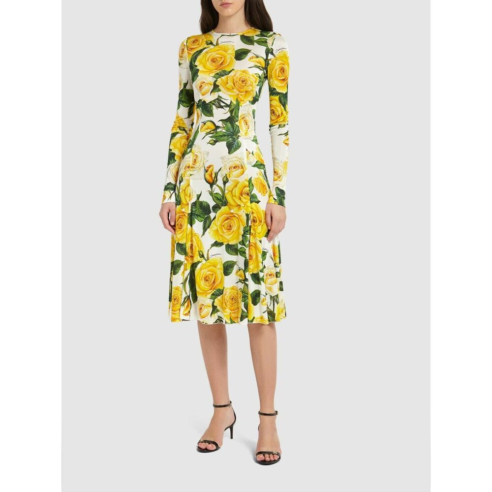 Dolce & Gabbana Women's Yellow Rose Print Organza Midi Dress Size 42 IT